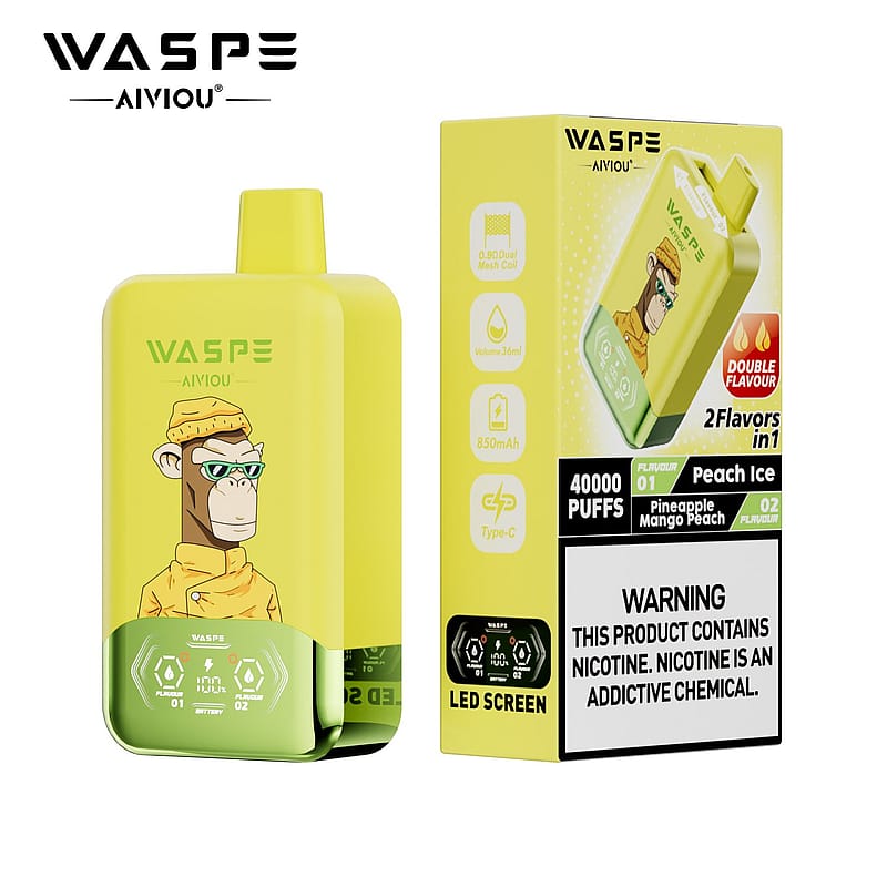 A bright yellow vaping device with a cartoon monkey design on the front, displaying the brand name "WASPE" and labeled as "AIVIOU." The product packaging next to it features information about flavors (Pineapple Mango Peach and Peach Ice), puff count (40,000), and a warning about nicotine. The device has a digital display and a Type-C charging port.