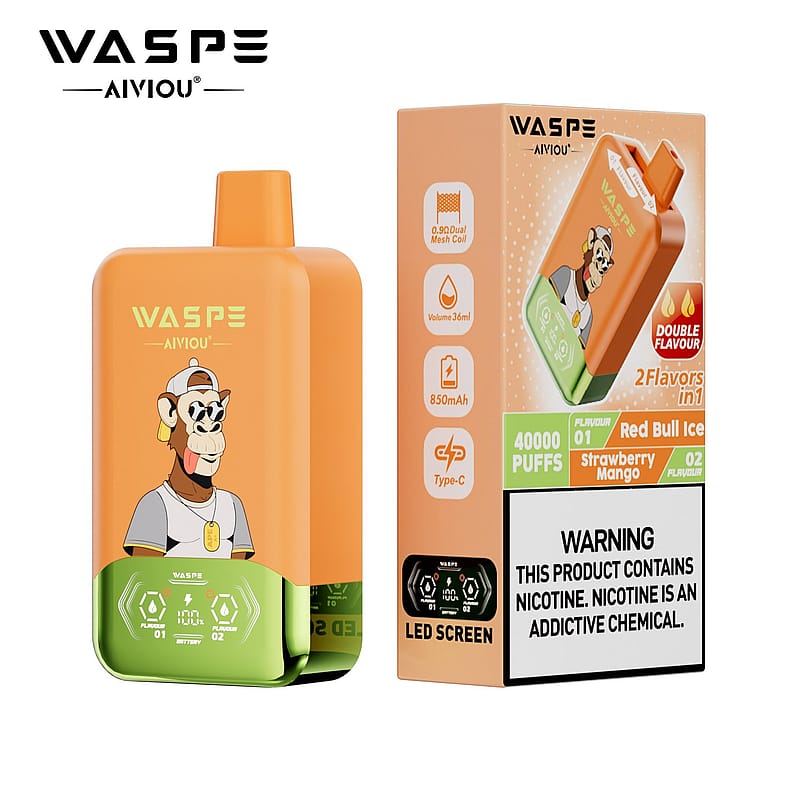 A vape device labeled "WASPE AIVIOU" in orange and green, featuring a cartoon monkey graphic. The packaging indicates it has a 36ml capacity, offers two flavors (Red Bull Ice and Strawberry Mango), supports 40,000 puffs, and has an LED screen and Type-C charging. A warning about nicotine is also displayed.