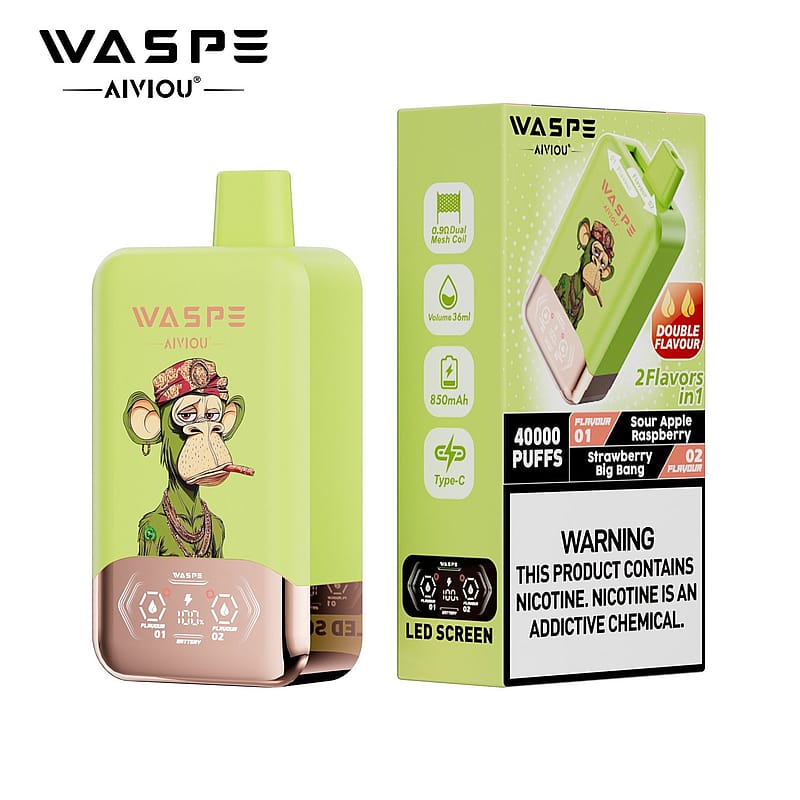 A bright green vape device with a cartoon monkey design on the front, accompanied by a packaging box. The box features product details such as flavor options, puff count, and a warning label about nicotine.