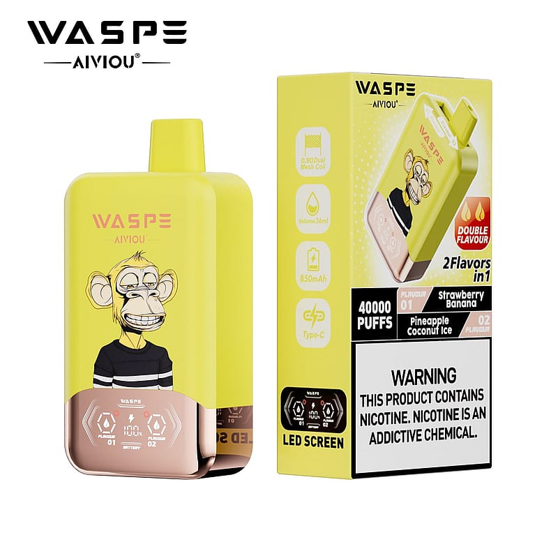 A bright yellow vape device featuring a cartoon monkey illustration, accompanied by a box that displays product details including two flavors: Strawberry Banana and Pineapple Coconut Ice. The box includes a warning label about nicotine.
