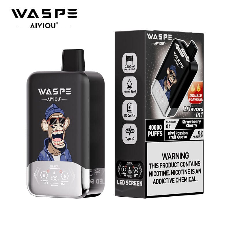 Un dispositivo de vapeo negro con un diseño de mono de dibujos animados en el frente, etiquetado "WASPE", que presenta una pantalla LED que muestra información sobre la batería y el sabor, junto con una caja que indica dos sabores: fresa, cereza y kiwi, maracuyá y guayaba, junto con una advertencia sobre la nicotina.