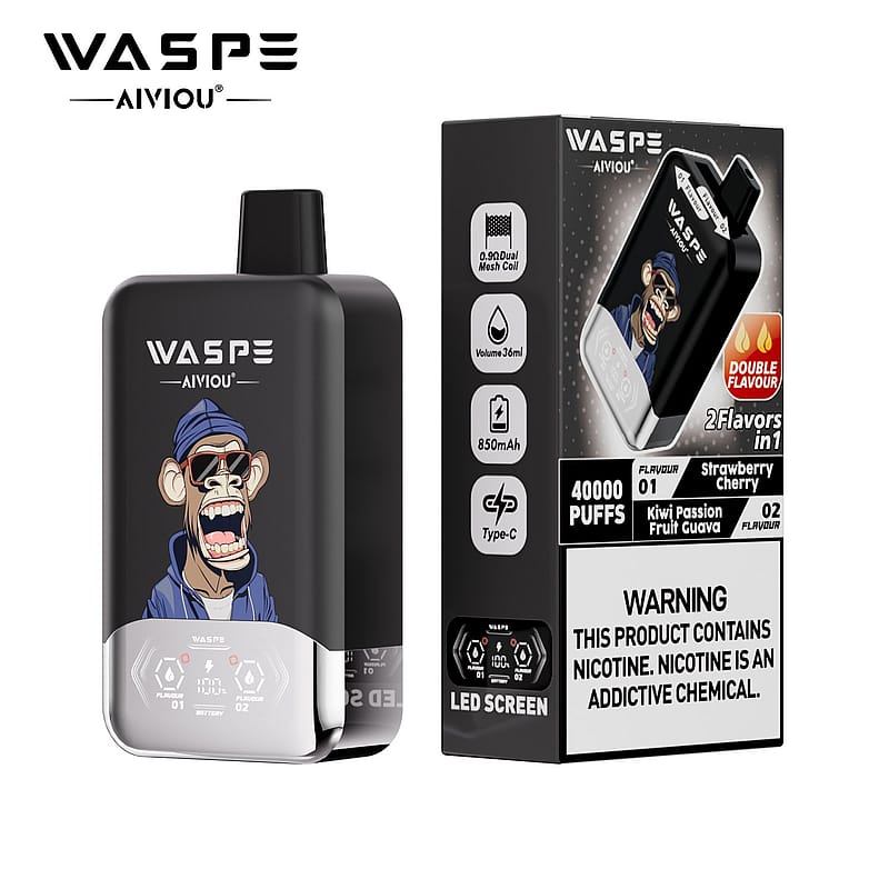 A black vaping device with a cartoonish monkey design on the front, labeled "WASPE," featuring a LED screen displaying battery and flavor information, alongside a box indicating two flavors: Strawberry Cherry and Kiwi Passion Fruit Guava, along with a warning about nicotine.