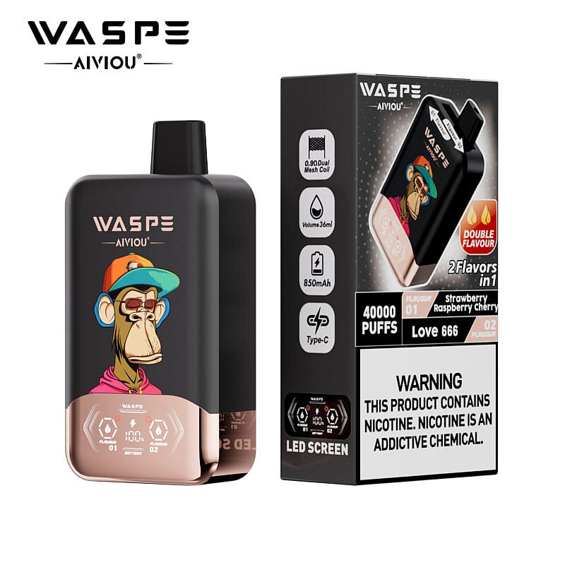 Un dispositivo de vapeo negro con un gráfico de un mono de dibujos animados, que muestra detalles como "WASPE AIVIOU", una pantalla LED, indicador de batería y opciones de sabor a fresa, frambuesa y cereza, junto a su empaque que incluye advertencias sobre la nicotina.