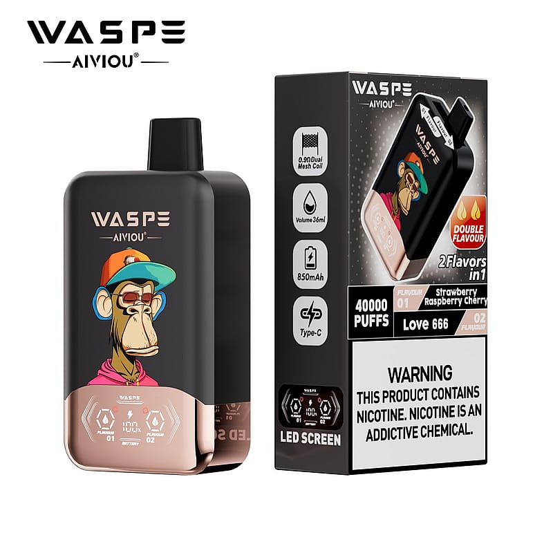 A black vape device with a cartoon monkey graphic, showing details like "WASPE AIVIOU," a LED screen display, battery indicator, and flavor options of Strawberry Raspberry Cherry, next to its packaging that includes warnings about nicotine.