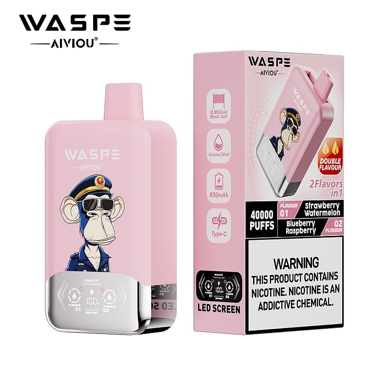 A pink vape device with a cartoon monkey illustration wearing sunglasses and a military-style uniform, alongside its packaging that displays flavor options and a warning about nicotine. The device features a LED screen and mentions it can provide up to 40,000 puffs.