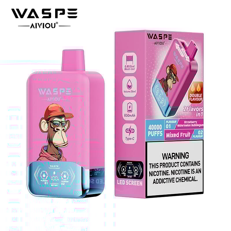 A vape device in a pink casing featuring a cartoon monkey with glasses on the front, labeled "WASPE AIVIOU." The box beside it displays product details, including flavors (Strawberry Watermelon Bubblegum and Mixed Fruit), capacity (36ml), and warnings about nicotine.