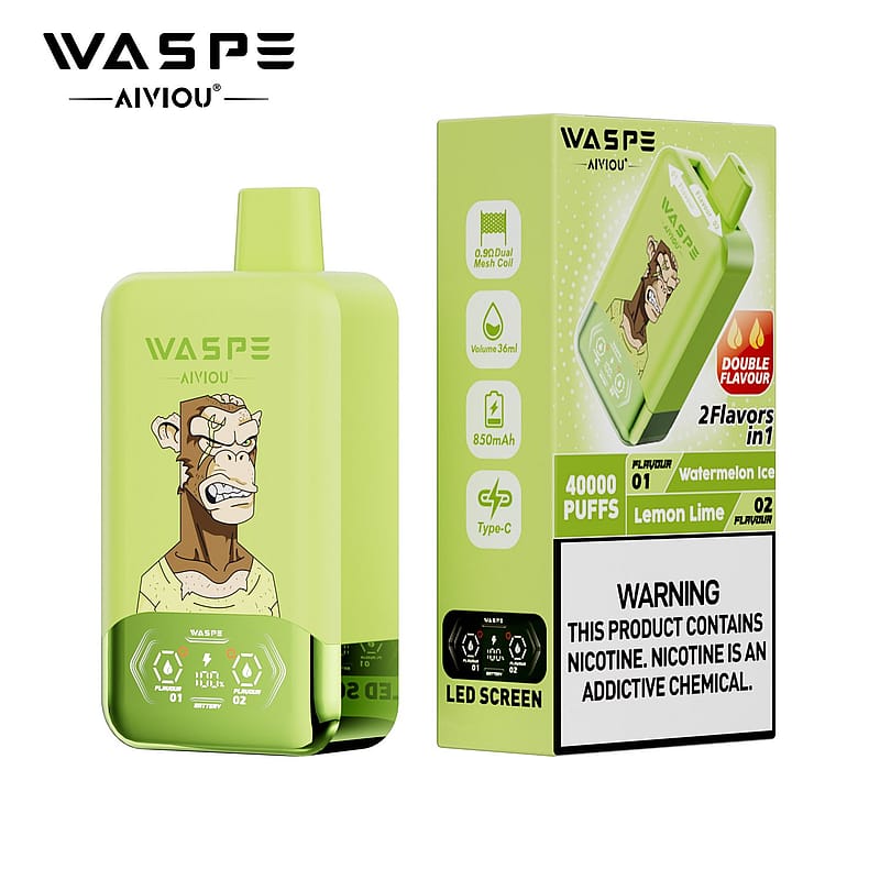 A green vape device with a cartoon monkey graphic on the front, highlighting two flavors: Watermelon Ice and Lemon Lime. The packaging includes technical specifications and a warning about nicotine content.