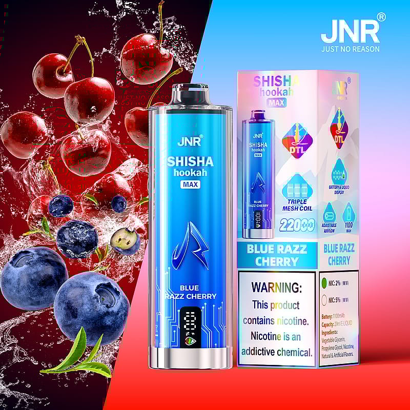 Illustration of JNR Shisha Hookah Max vape device in Blue Razz Cherry flavor, with fruit graphics and product packaging details.