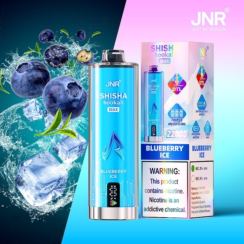 E-cigarette labeled "JNR Shisha Hookah Max Blueberry Ice" with blueberries and ice cubes in the background and packaging visible.