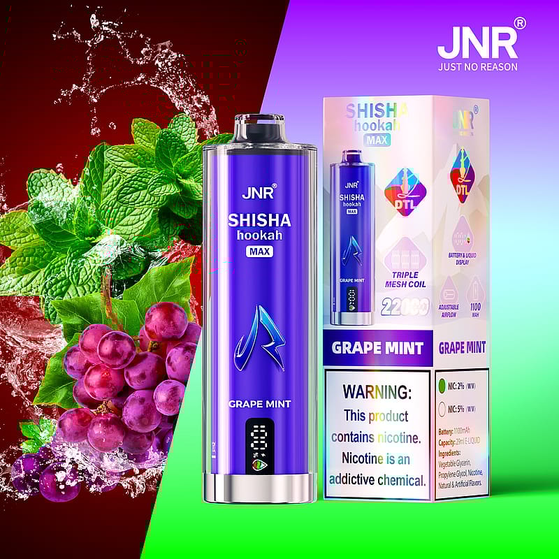 A Grape Mint flavored JNR Shisha Hookah Max with packaging, featuring a background of mint leaves and grapes, along with a nicotine warning label.