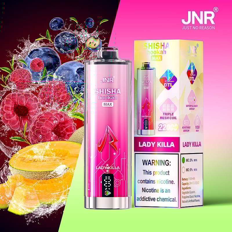 Pink and purple JNR Shisha Hookah Max labeled "Lady Killa" with a fruity design, shown alongside its packaging, and a nicotine warning label.