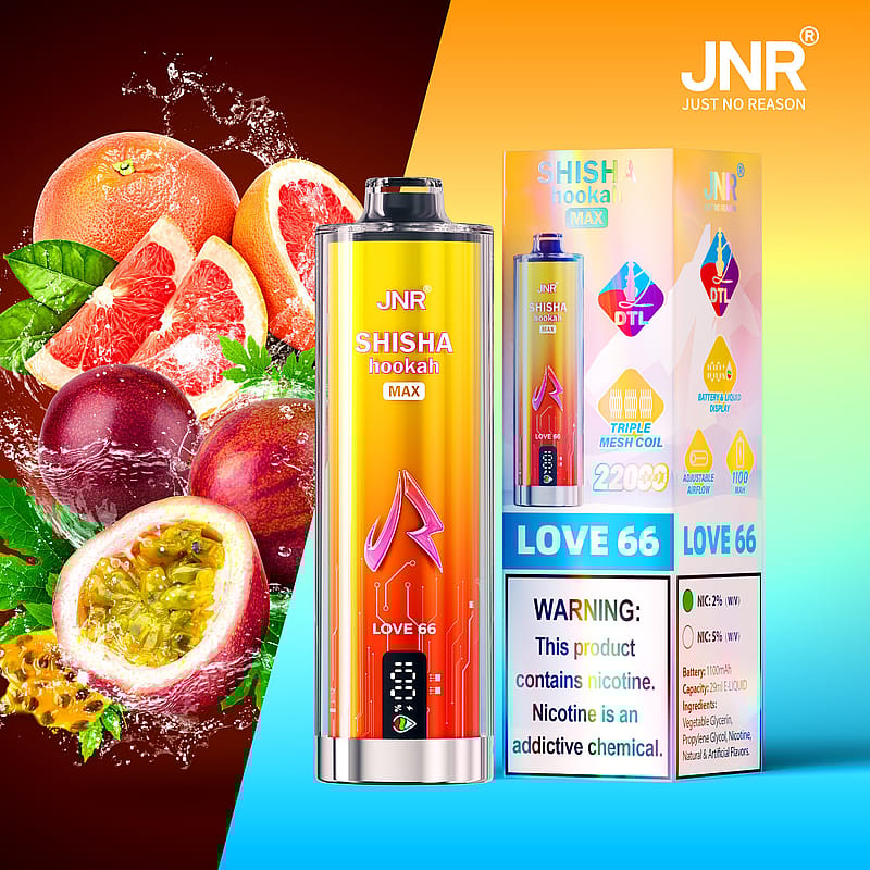 JNR Shisha Hookah Max vape product with fruit graphics and packaging details, warning about nicotine content.