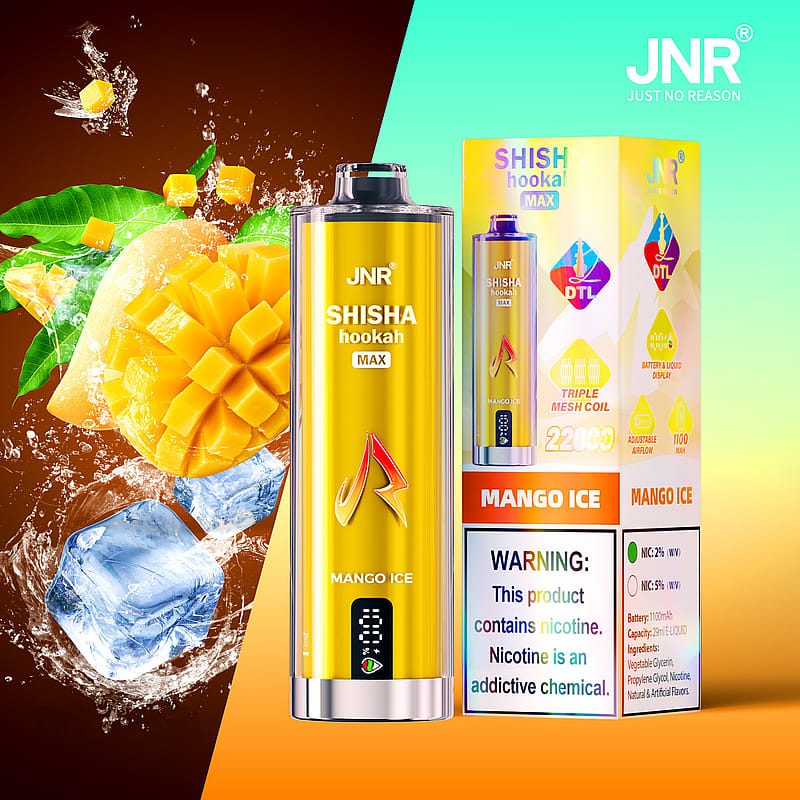 Alt text: "JNR Shisha Hookah Max Mango Ice vape device and packaging with sliced mango, ice cubes, and splashing liquid."