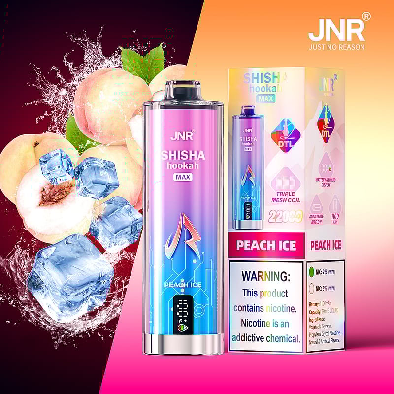 Vape product packaging with "JNR Shisha Hookah Max" and "Peach Ice" flavor, featuring peaches, ice cubes, and a nicotine warning label.