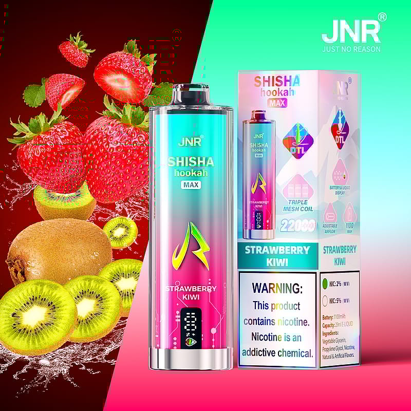 Brightly colored JNR Shisha Hookah Max vape pen and packaging with strawberry and kiwi flavor imagery.
