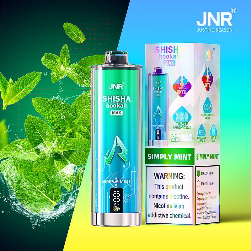 An electronic shisha device labeled "JNR Shisha Hookah Max" in Simply Mint flavor, alongside its packaging, with fresh mint leaves in the background. The packaging highlights features like a triple mesh coil, 2200 mAh capacity, adjustable airflow, and emphasizes nicotine content with a warning label.