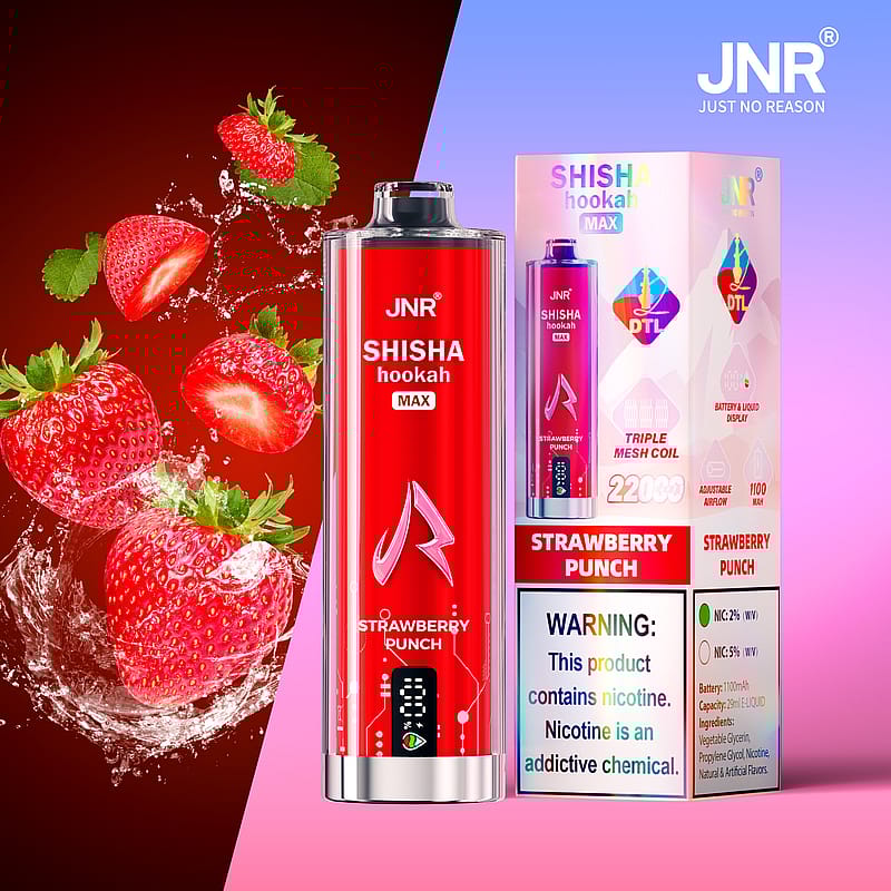 Image of a JNR Shisha Hookah Max in Strawberry Punch flavor with product packaging and fresh strawberries.
