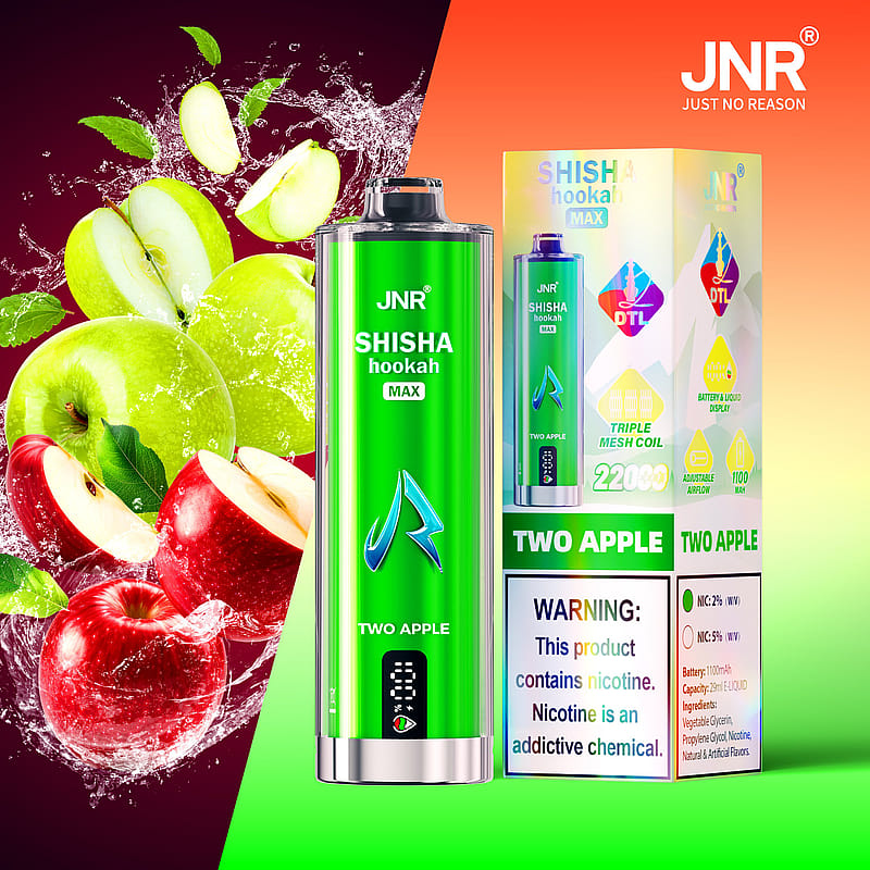 A vape product advertisement featuring green and red apples, highlighting "JNR Shisha Hookah Max" in "Two Apple" flavor with nicotine warnings.