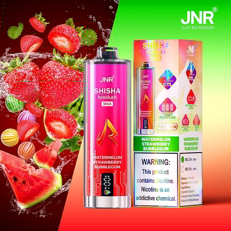Electronic shisha device with watermelon, strawberry, and bubblegum flavors, alongside its packaging displaying features and nicotine warning.