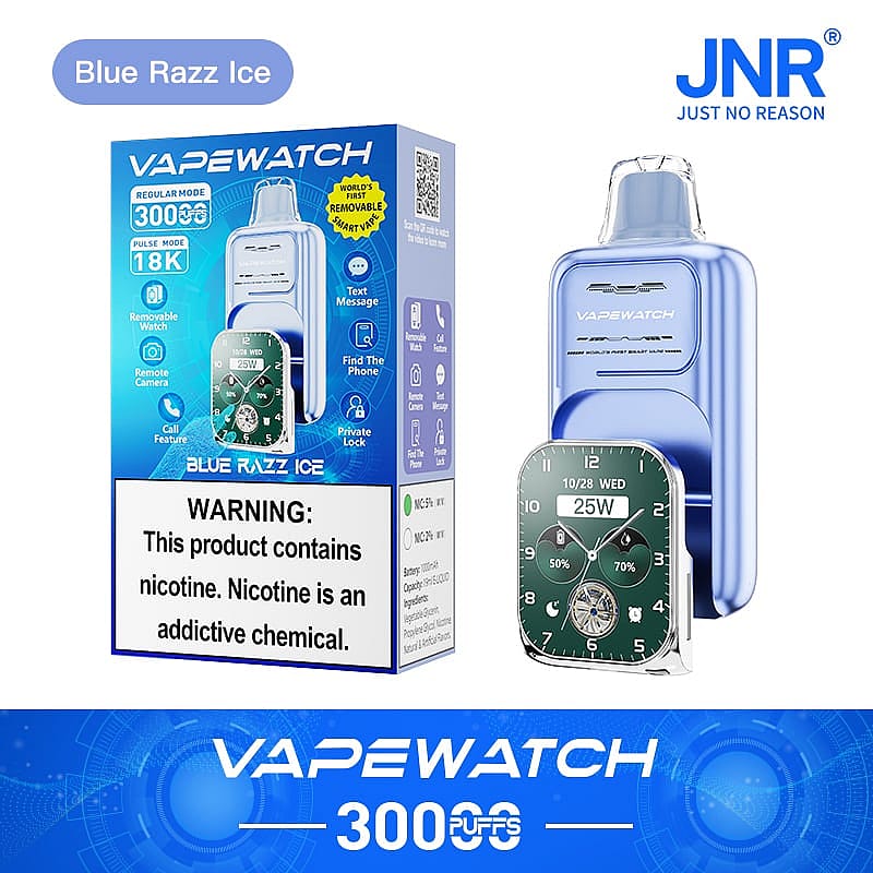Vapewatch Blue Razz Ice 3000-puff disposable vape with a removable smartwatch display, featuring functions like text messaging, phone finder, call feature, and private lock.