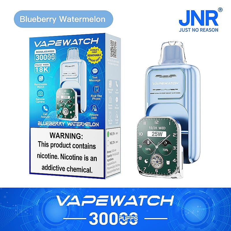 VAPEWATCH vape device with 3000 puffs, Blueberry Watermelon flavor, featuring a removable watch with various functions displayed on packaging.