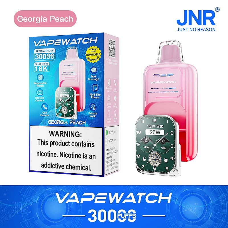 VAPEWATCH Georgia Peach vape device with 3000 puffs, featuring a removable smartwatch with functions like text messaging, camera remote, and private lock, labeled with a nicotine warning.