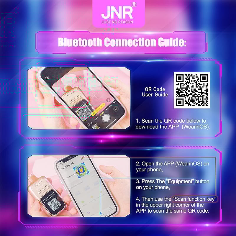 Bluetooth connection guide for JNR devices: scan the QR code to download the WearinOS app, open the app, press "Equipment," and use the "Scan function key" to scan the QR code again.