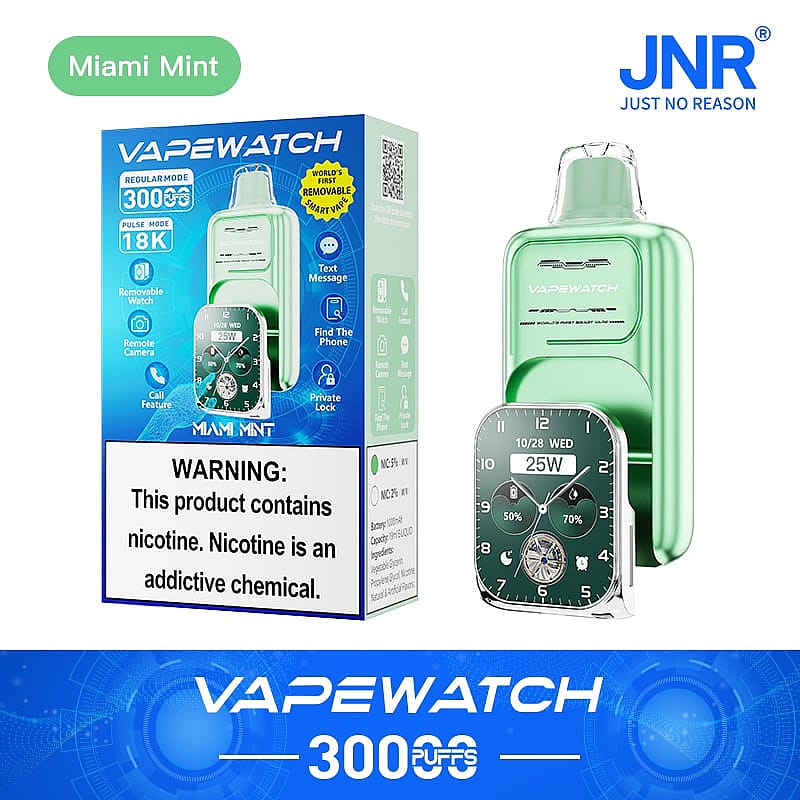 VAPEWATCH Miami Mint vape device with a detachable smartwatch display, featuring 3000 puffs, nicotine warning, and smartwatch features like text messaging, camera, and phone locator.