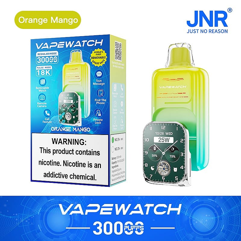 Vapewatch with removable smartwatch, orange mango flavor, 3000 puffs, nicotine warning