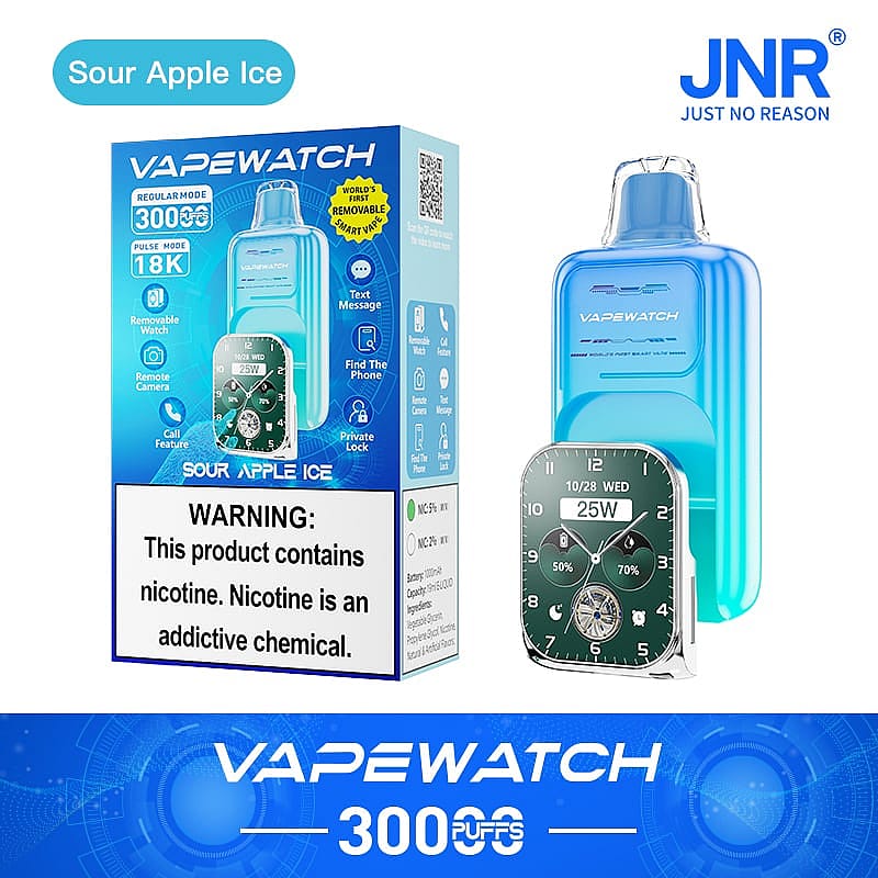 VAPEWATCH Sour Apple Ice vape device with 3000 puffs, nicotine warning, and a removable watch display showing smartwatch features like text message, call feature, and private lock