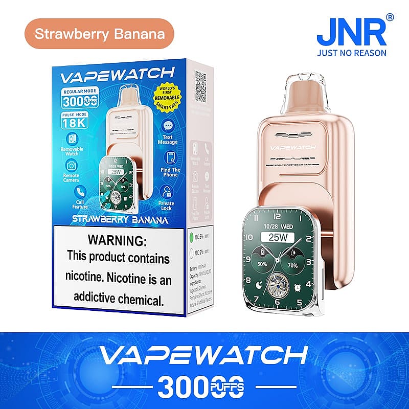 VAPEWATCH device and packaging, with "Strawberry Banana" flavor, featuring a 3000 puff capacity, removable smartwatch, and multiple features such as text messaging, remote camera, and phone finder. Warning label states: "This product contains nicotine. Nicotine is an addictive chemical."
