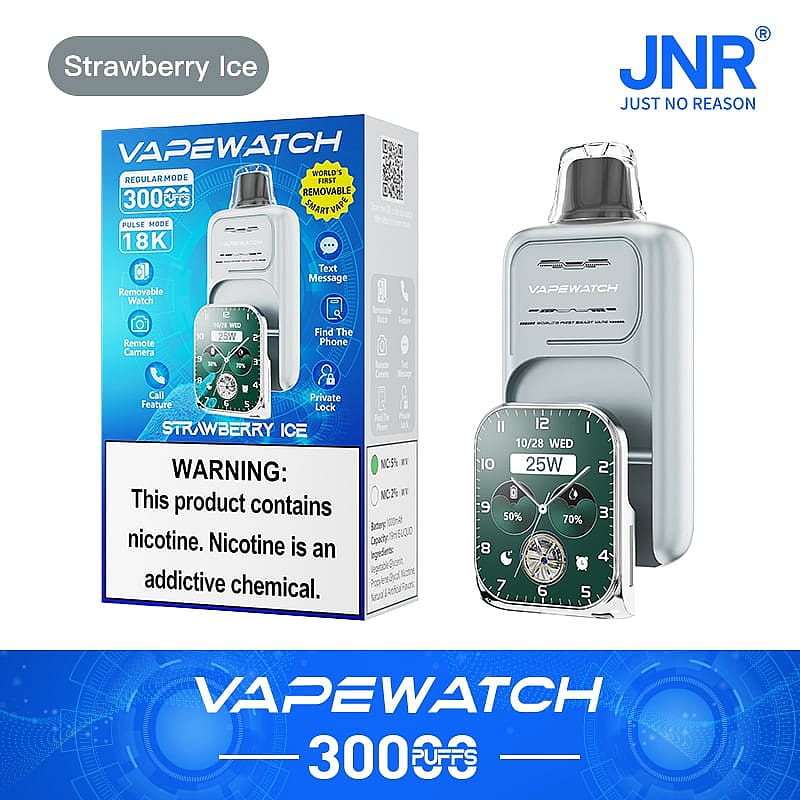 VAPEWATCH device and packaging, featuring a removable smartwatch with 3000 puffs capacity, strawberry ice flavor, nicotine warning, and additional smartwatch functions like remote camera, private lock, and call feature.