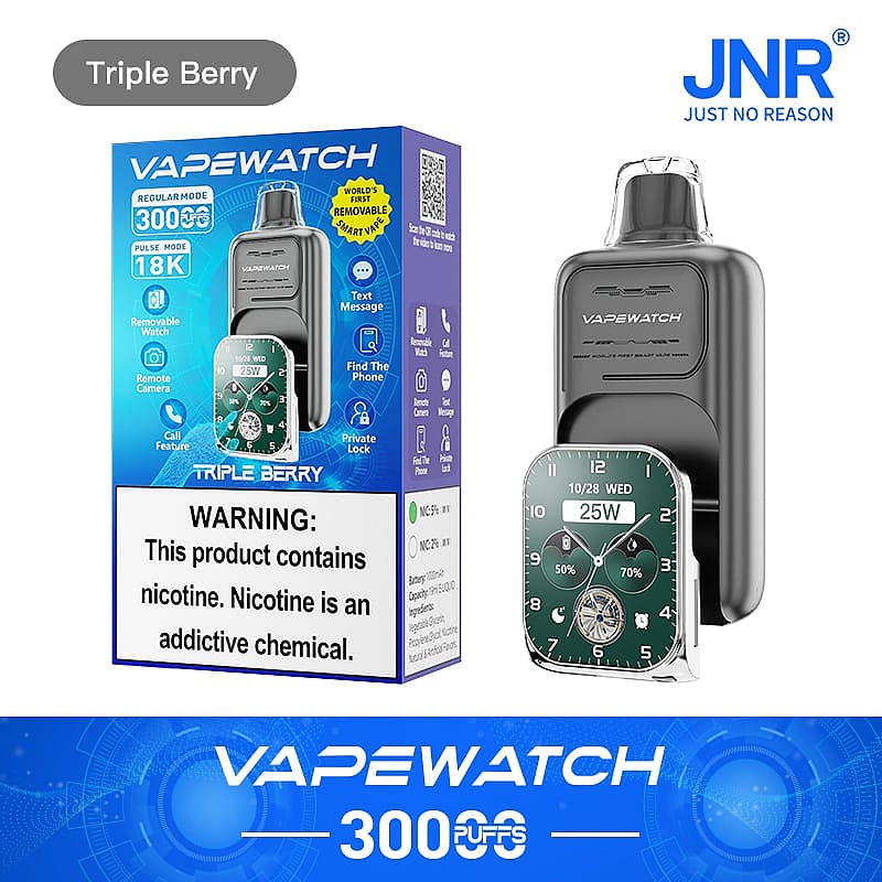 Removable vape device with a smartwatch display, labeled "VAPEWATCH" and "Triple Berry," featuring 3000 puffs and various functions like text messaging, camera, and private lock.