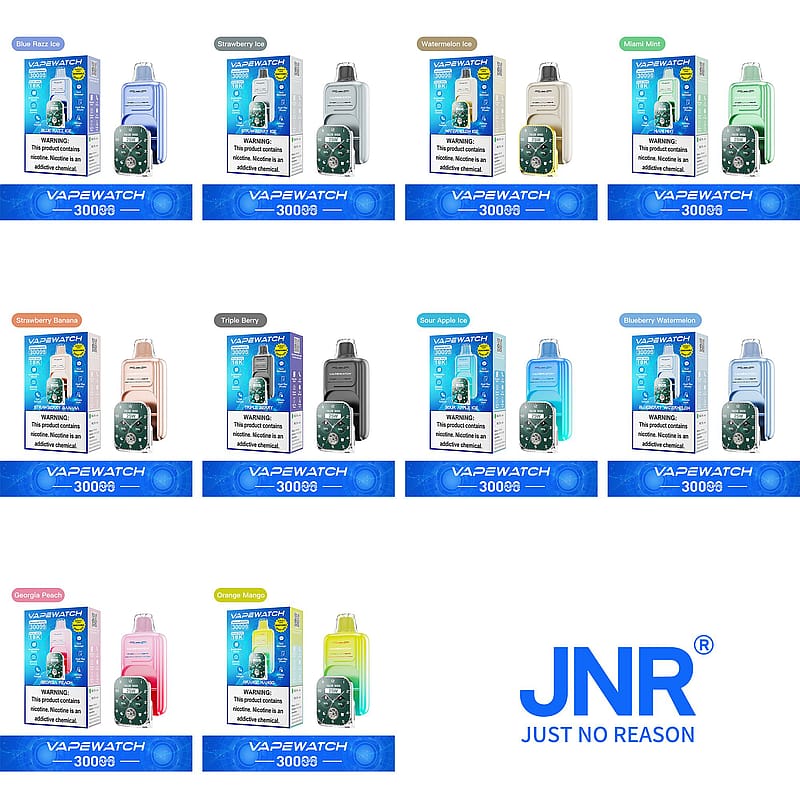 Vapewatch 3000 series product lineup featuring various flavors in vape devices, each displayed with packaging and flavor labels, under the brand JNR (Just No Reason).