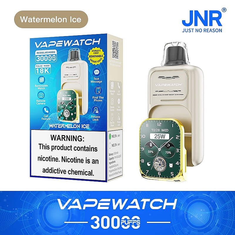 VAPEWATCH 3000 puffs disposable vape with removable smartwatch feature, flavor labeled "Watermelon Ice," including warnings about nicotine content and icons indicating features like text messaging, private lock, and remote camera.