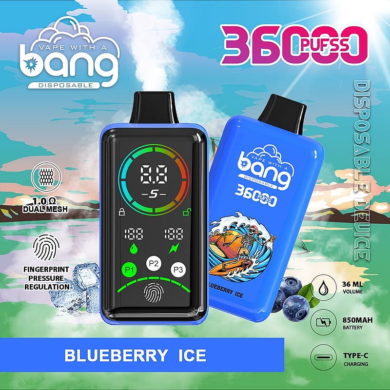 Image of a disposable vape device labeled "Bang," featuring a digital display and controls. The device is marketed with the flavor "Blueberry Ice" and claims to offer 36,000 puffs, with specifications including a 36 mL volume, 850 mAh battery, and Type-C charging. The background shows a scenic landscape with clouds and water.