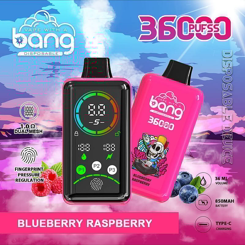 A promotional image for a disposable vape device called "Bang," featuring a colorful design with a digital display. The device is labeled "Blueberry Raspberry" and features icons indicating its specifications, such as 36,000 puffs, 1.0Ω dual mesh, 850mAh battery, Type-C charging, and fingerprint pressure regulation. Background includes raspberries and blueberries with a colorful, cloud-filled sky.