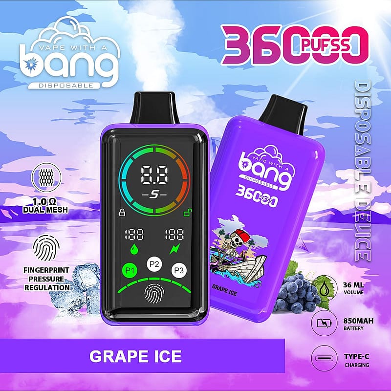 A promotional graphic for a disposable vape called "Bang," featuring a black handheld device displaying puff statistics and controls, next to a purple vape pod labeled "Grape Ice." The background includes ice and a colorful landscape with clouds. Key features highlighted include a dual mesh coil, fingerprint activation, and specifications like battery capacity and charging type.