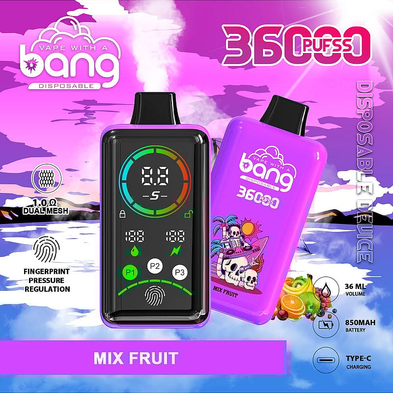 An image showcasing a colorful vape device labeled "Bang Disposable" connected to a bright purple pod labeled "Mix Fruit." The display shows various indicators with a multi-colored gauge, featuring features like fingerprint pressure regulation and graphics of skulls and palm trees. The backdrop includes a scenic landscape with a light purple sky.