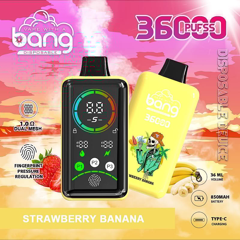 A vibrant advertisement for a disposable vape device showcasing a black and yellow design. The black device features a digital display with indicators and three buttons, while the yellow device is illustrated with a cartoon skeleton wearing a green jacket and a hat. The text highlights the flavor "Strawberry Banana" and features graphics for volume, battery, and charging specifications. Surrounding elements include strawberries and bananas against a colorful sunset background.