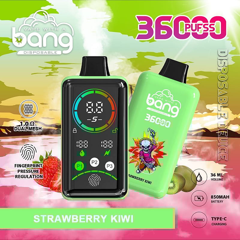 Graphic displaying a disposable vape device labeled "Bang" with a bright green casing and the flavor "Strawberry Kiwi." The device features a digital screen showing battery and usage stats, along with icons for dual mesh technology, fingerprint pressure regulation, and specifications like 36ml volume and 850mAh battery. Background includes fruit illustrations and a scenic setting.