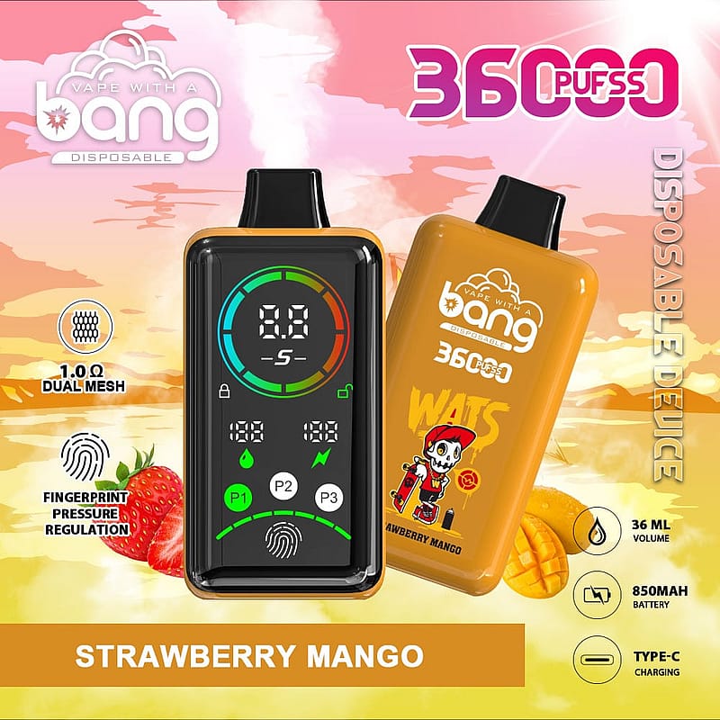 A promotional image for a disposable vape device featuring a digital screen displaying settings, labeled "STRBERRY MANGO," with icons for mesh coil, battery, and liquid volume. The background includes fruits like strawberries and mangoes, with a bright sky and clouds.