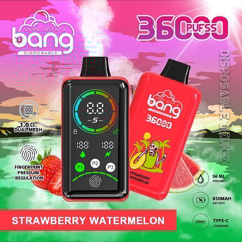 A vibrant promotional image for a disposable vape product called "Bang," featuring a red casing with a strawberry watermelon flavor label. It displays a digital interface showing battery life and puff count, with icons indicating features like dual mesh technology and fingerprint pressure regulation. The background includes stylized graphics of strawberries, watermelons, and a colorful landscape.