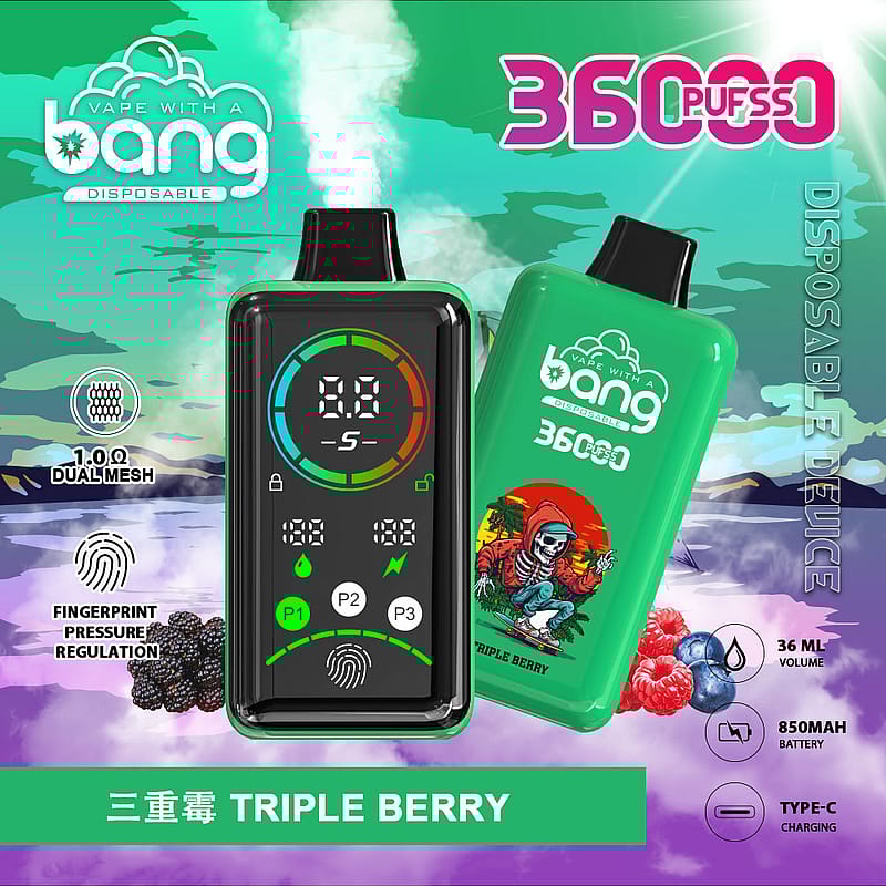 A graphic advertisement featuring a disposable vape device with a digital display on the left and a colorful packaging on the right, labeled "TRIPLE BERRY," set against a cloudy background.