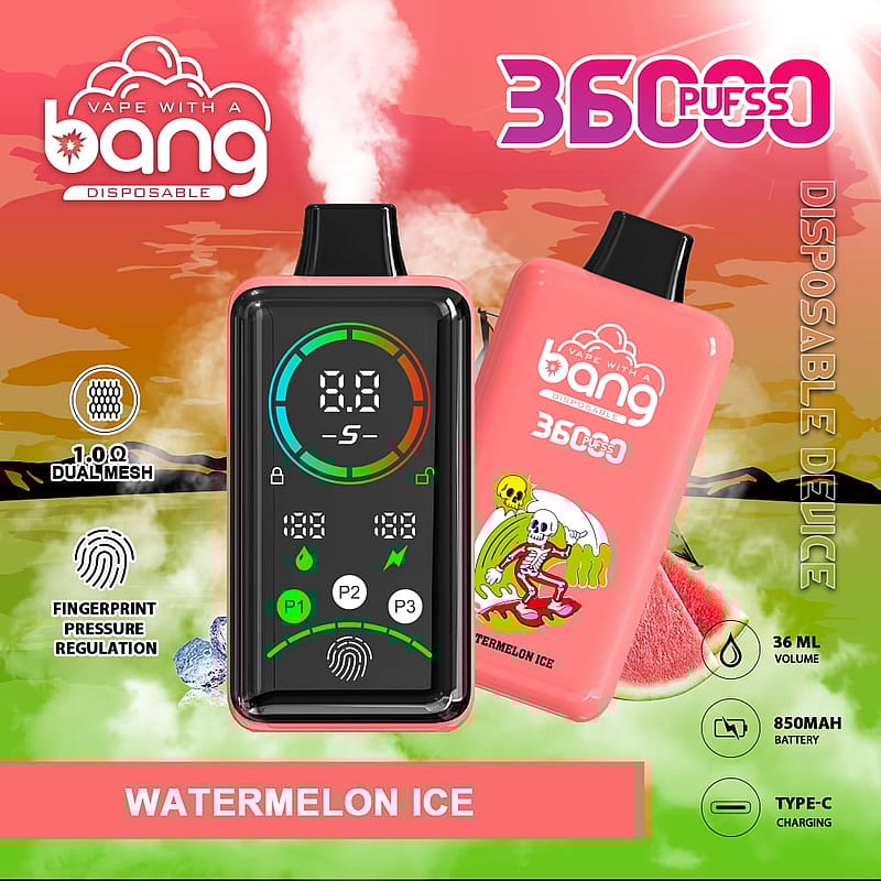 A colorful graphic featuring a disposable vape device labeled "Bang" with a design showcasing "Watermelon Ice." The device is black with a digital display showing various metrics, alongside a pink device featuring a skeleton illustration. Background elements include watermelons and vapor, with text indicating "36000 PUFFS" and other specifications.