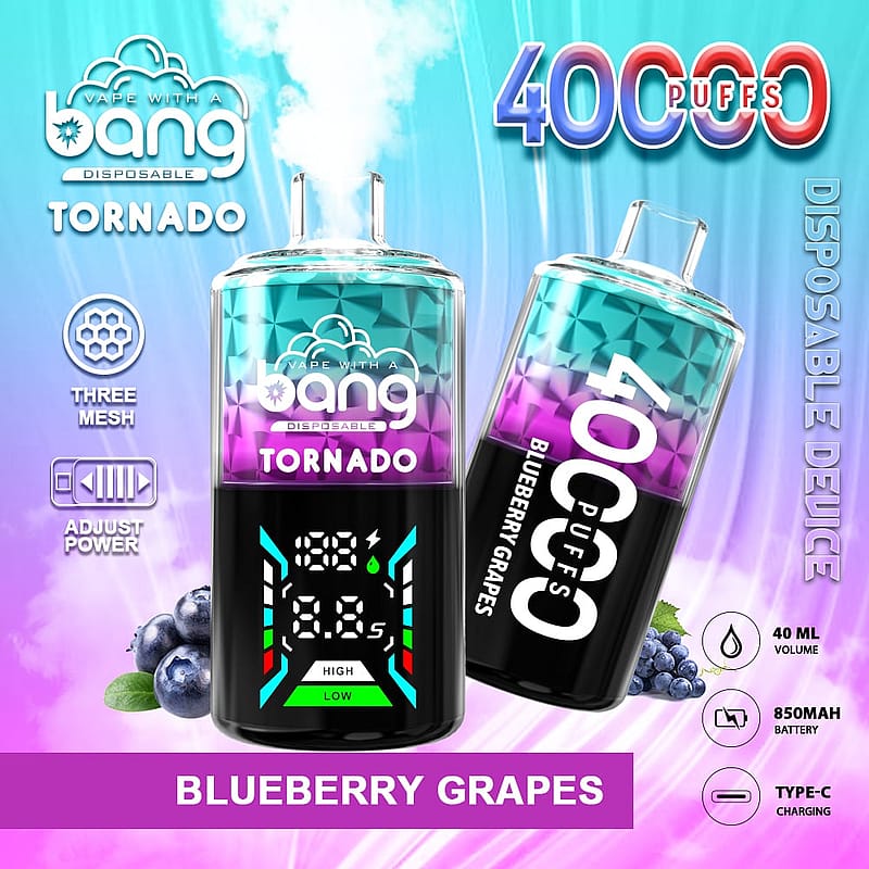 A colorful graphic showing a vape device labeled "Bang Disposable Tornado" with the flavor "Blueberry Grapes." The device features a digital display, indications for puff count (40,000), and specifications like 40 ml volume and 850 mAh battery. There are graphical icons for adjustable power and charging type (Type-C), with blueberries in the background.