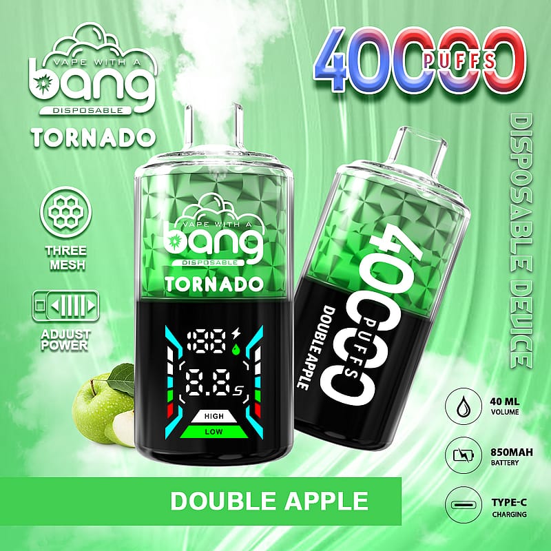 A digital promotional image for a vape product featuring a disposable device labeled "Bang Tornado" with specifications for "40,000 puffs" and "Double Apple" flavor. The device has a green design, a display showing battery and power settings, and illustrations of green apples.