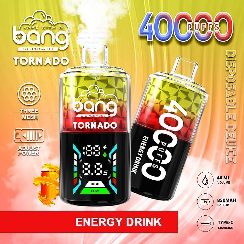 A colorful graphic displaying a disposable vape device labeled "bang Tornado" with features including "40,000 puffs," adjustable power, a digital display, and a design indicating an "Energy Drink" flavor, set against a gradient background.