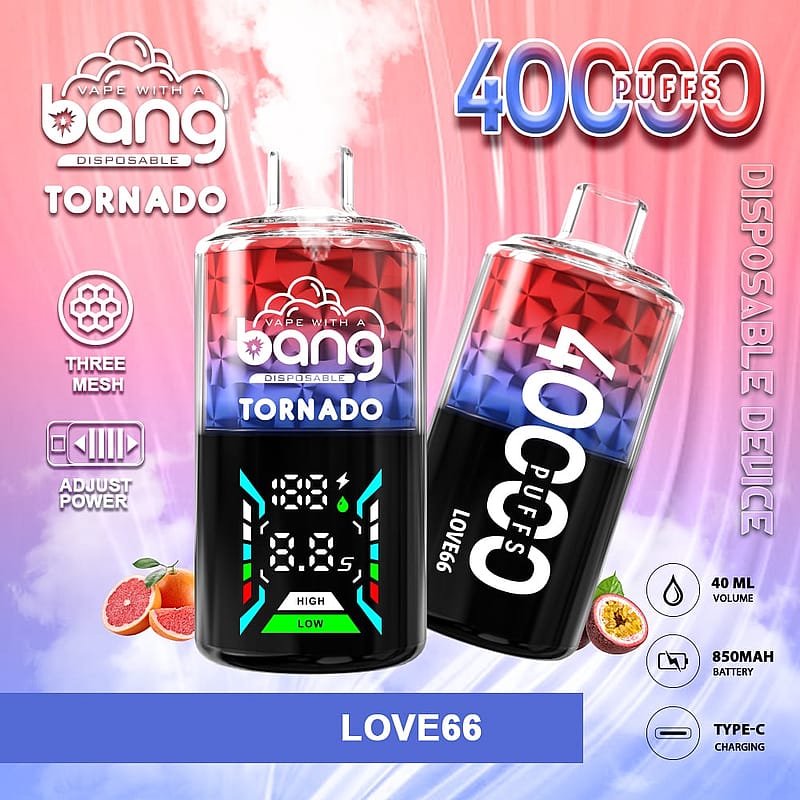 A colorful graphic of a vape device labeled "Bang Tornado" showcasing features such as "40,000 puffs," "adjust power," and "three mesh," with images of fruits like grapefruit and passionfruit beside it. The display shows battery levels and power settings.