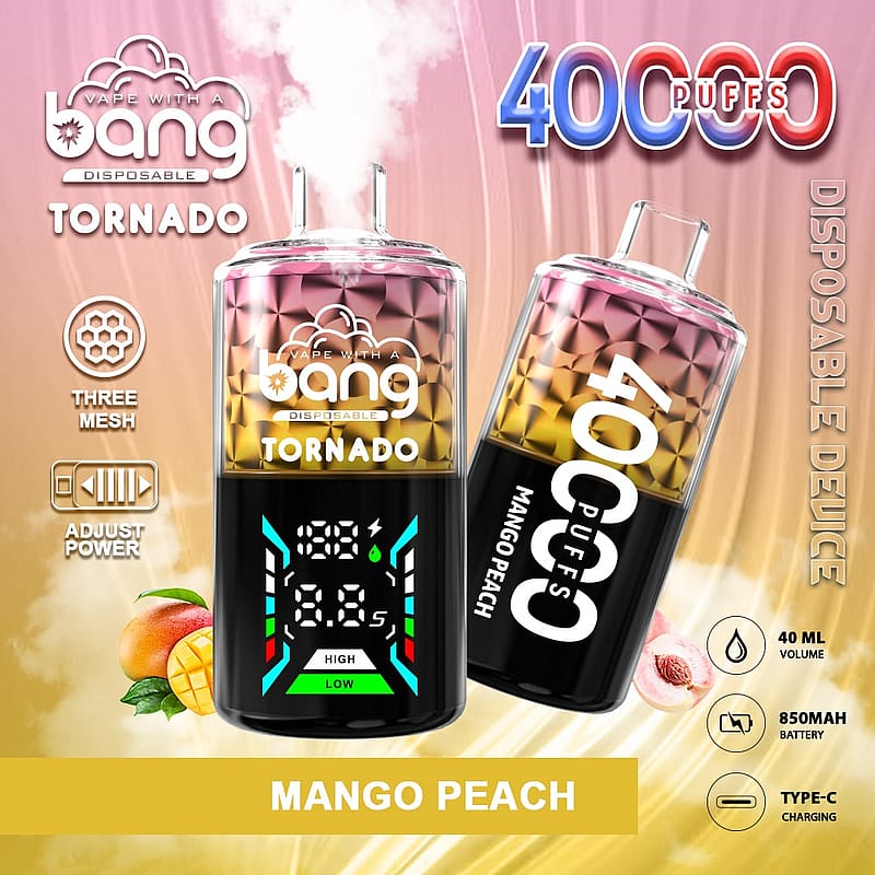 Image of a disposable vape device labeled as "Bang Tornado" featuring two flavors: "Mango Peach" and a vibrant design. The device indicates it offers 40,000 puffs, has a 40ml volume, an 850mAh battery, and Type-C charging. Display shows adjustable power settings and a three mesh configuration. Background features a gradient of colors with mango illustrations.